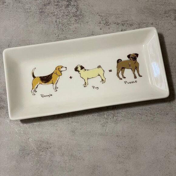 Fishs Eddy Sara Mills Puggle Beagle Pug 7" Rectangular Ceramic Tray Dog Lover - Picture 1 of 6